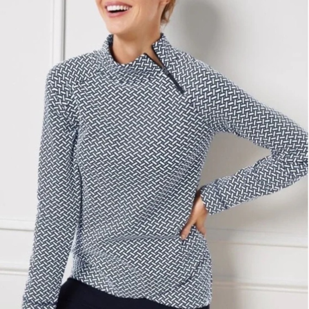 T By Talbots 2XP Navy White Geometric Asymmetrical Zip Mock Neck Pullover NWOT